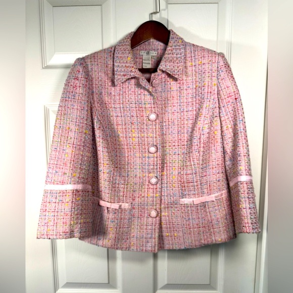 Spanner Pink Rainbow Tweed Blazer Jacket Short Length Bows Womens Size 8 - Picture 1 of 11